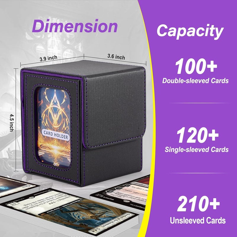 Stepane MTG Deck Box, Double Display Window MTG, Commander Deck Box Fits 120+ Single Sleeved Cards, PU Leather Magnetic Closure Card Box with 2 Dividers&2 Toploaders for TCG, CCG, Black/Violet - Image 3